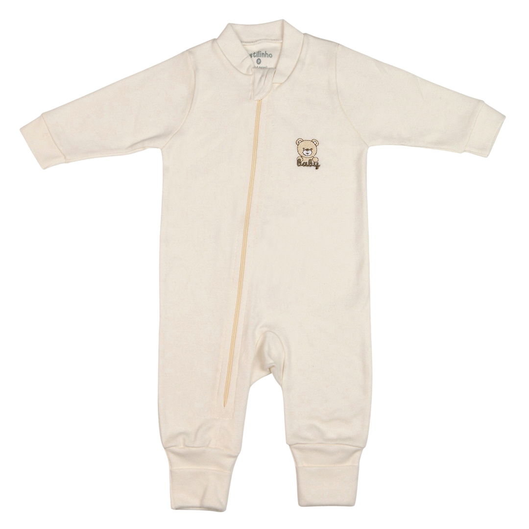 Macacão Longo Zíper Reversível Sued Bordado Urso Bumbum